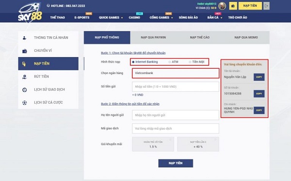 Thao tác nạp tiền tại sky88