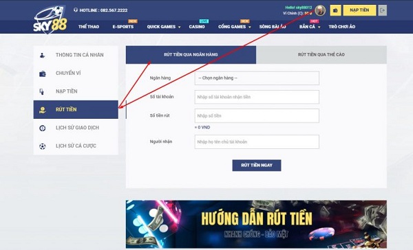Cách thức rút tiền tại sky88